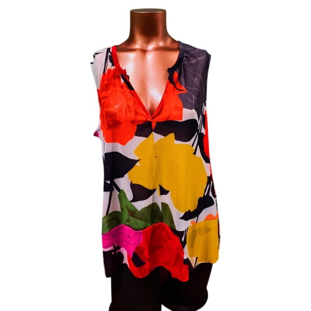 Weston Sleeveless Mesh V-Neck Top with Roses Print, Multicolor, Size‎ XS